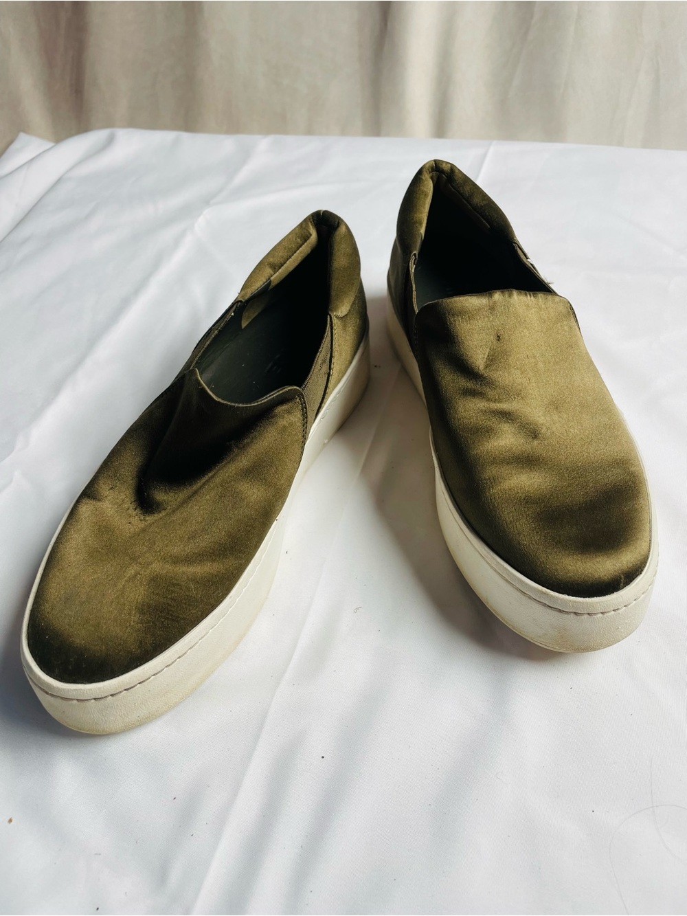 Vince Olive Green Slip-On Sneakers with White Platform Sole